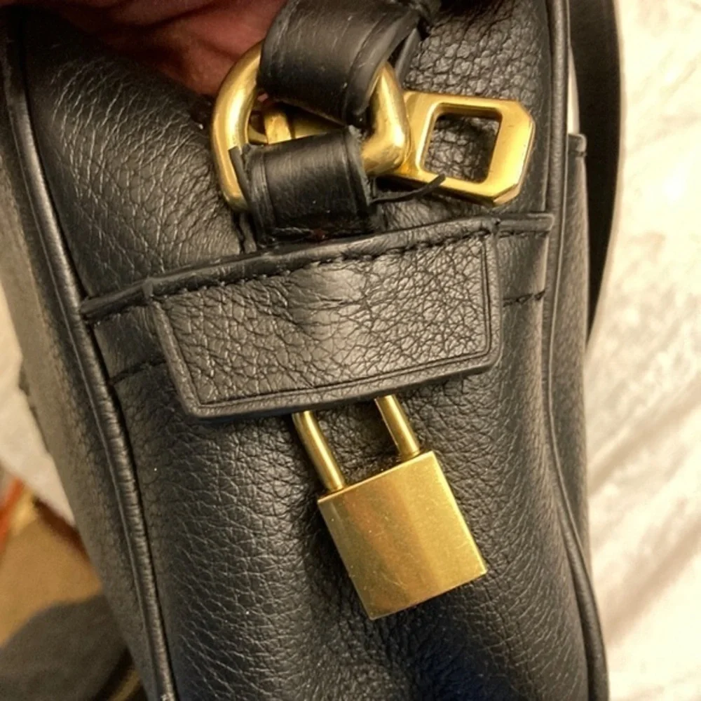J Crew black leather signet crossbody bag lock key